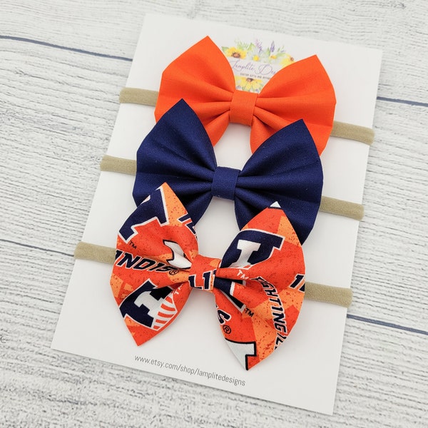 University of Illinois Fabric hair bows - set of 3 baby bows - Fighting Illini - Illini baby gift - orange and navy bows - football bows