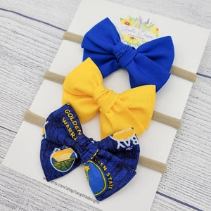 GS Warriors set of 3 fabric hair bows - blue yellow hair bows - Golden State basketball bow - baby shower gift - toddler - clips or headband