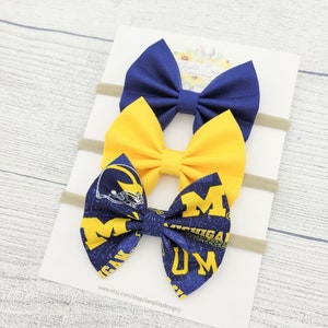 Michigan Fabric hair bows - set of 3 baby bows - University of Michigan - Michigan Wolverines baby - Navy and Gold bows - football bows