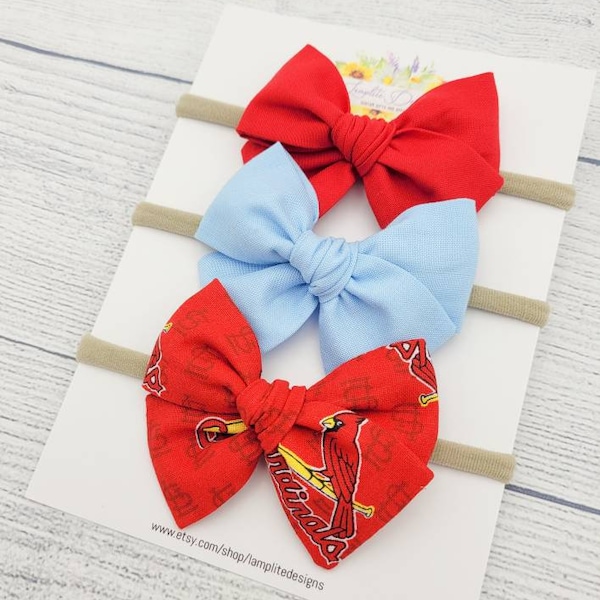 St. Louis Cardinals set of 3 hair bows - red baby blue bows - STL Cards baseball - baby shower gift - toddler child - clips or headbands