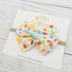 Summer Fun Fabric Hair bow - baby girl gift - headband or clips - baby shower gift - tropical bow - summer vacation hair bow - beach baby