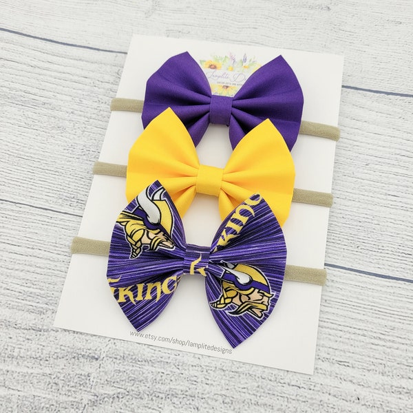 Minnesota Vikings set of 3 fabric hair bows - purple hair bows -  football bow - baby shower gift - toddler child - clips or headbands