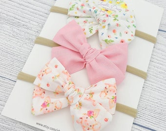Baby Pig Fabric Set of 3 baby bows - farm animal nursery - piglet baby shower gift - farm animal birthday - baby headbands - piggies bow