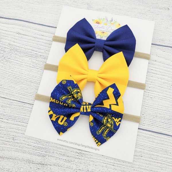 WVU Fabric hair bows - set of 3 baby bows - West Virginia University - West Virginia Mountaineers baby - Navy and Gold bows - football bows