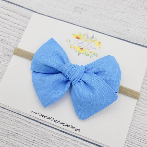 Baby Blue Fabric hair bow - blue hair bow - hand tied bows - baby headbands -  baby shower gift - toddler girl gift - baby girl bow