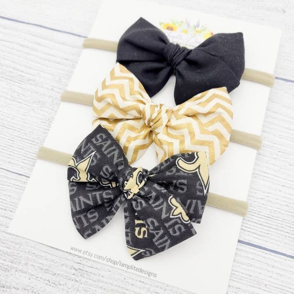 New Orleans Saints set of 3 fabric hair bows - gold hair bows -  football bow - baby shower gift - toddler child - clips or headbands