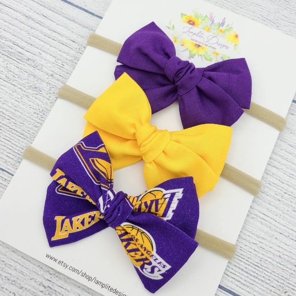 LA Lakers set of 3 fabric hair bows - purple yellow hair bows - Los Angeles basketball bow - baby shower gift - toddler - clips or headbands