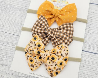 Fall Sunflowers set of 3 hair bows - autumn bow - brown plaid fabric bows - baby headband or clips - baby shower gift - mustard hair bows
