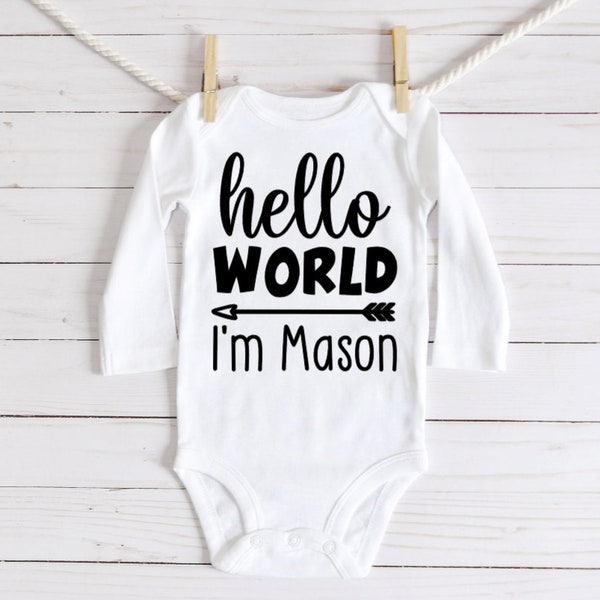 Hello World Personalized baby coming home outfit - bodysuit pants hat - boy or girl - baby shower gift - black and white neutral