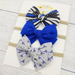 Police Officer Set of 3 Hair Bows - blue line - police car fabric bow - blue hair bow - baby shower gift - baby headbands - hand tied bows