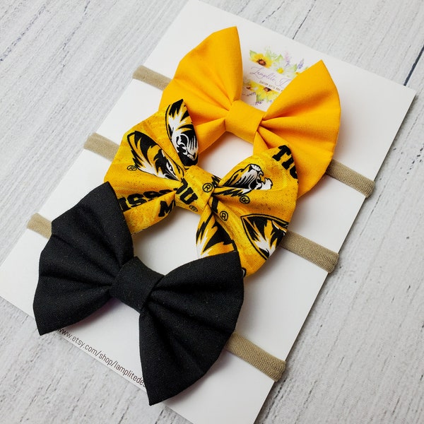 Mizzou Fabric hair bows - set of 3 baby bows - University of Missouri Columbia - Tigers  - Black and Gold bows - football basketball bows
