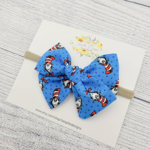 Story Cat Fabric Hair bow - hand tied bow - baby girl gift - baby headband - baby shower gift - baby girl - cat in the hat - storybook bow