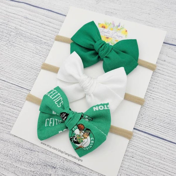 Celtics set of 3 fabric hair bows - green baby hair bows - Boston basketball bow - baby shower gift - clips or headbands - Celtics baby