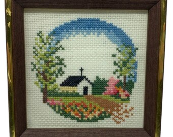 vintage handmade cross stitch church country landscape framed preworked 6x6