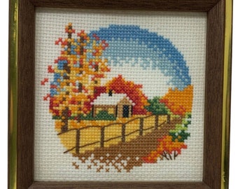 vintage handmade cross stitch rural landscape fall autumn framed preworked 6x6