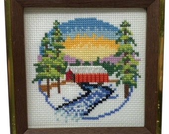 vintage handmade cross stitch rural barn sunset landscape framed preworked 6x6