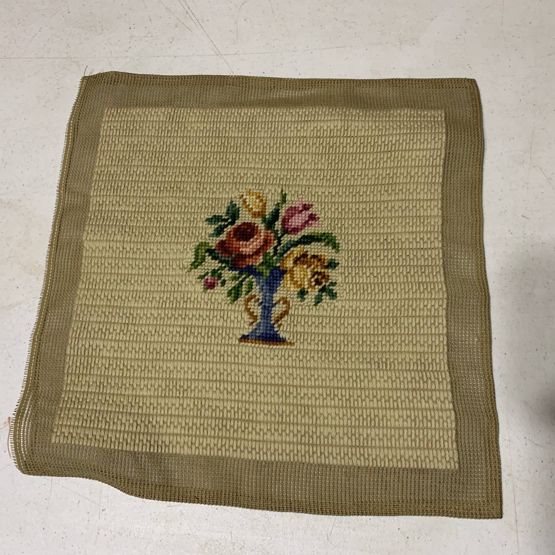 Vintage Handmade Needlepoint Roses Floral Preworked Finished Cottage
