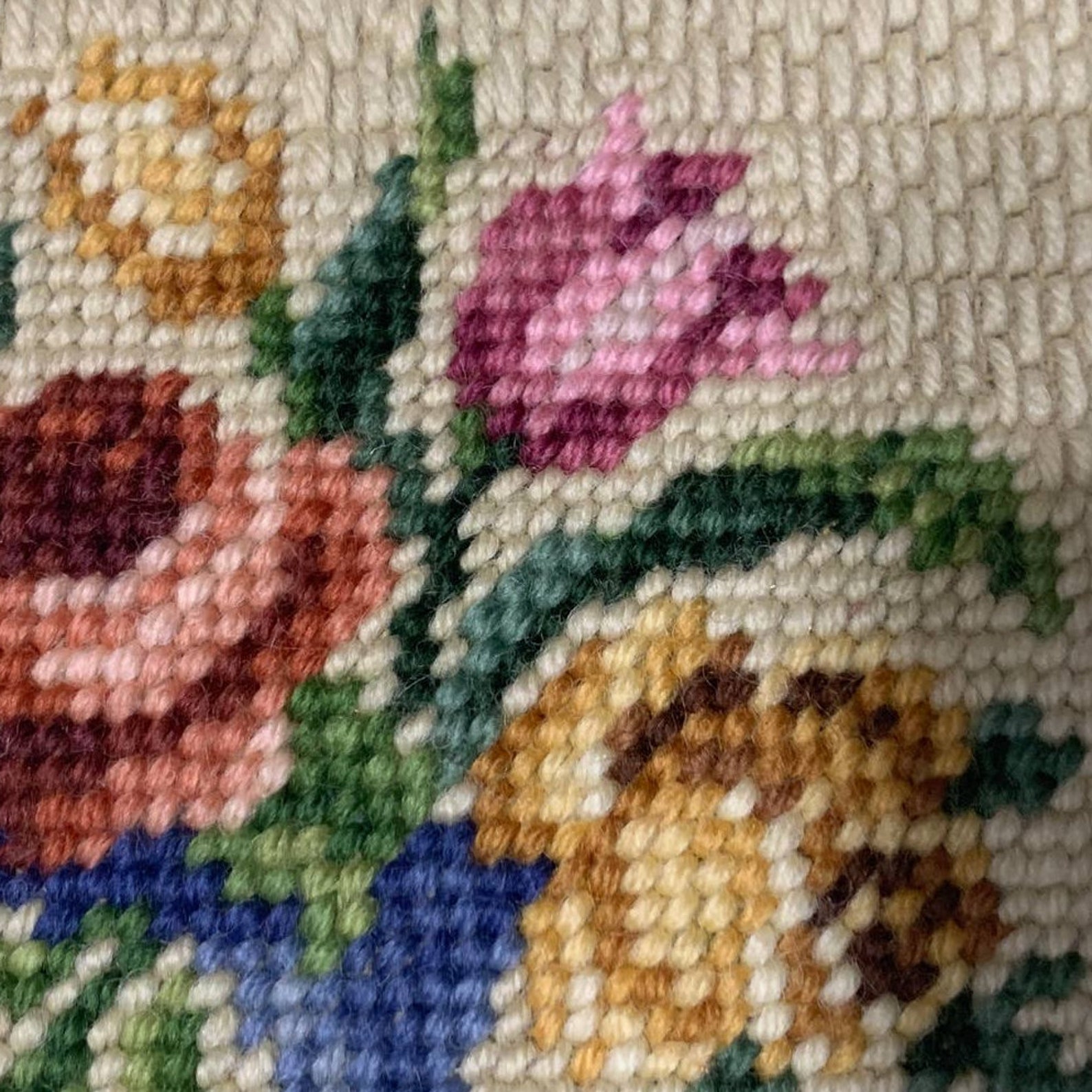 Vintage Handmade Needlepoint Roses Floral Preworked Finished Cottage