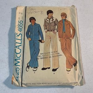 May include: Vintage McCall's 4655 sewing pattern for boys' and teen boys' shirts, shirt-jackets, and pants. The pattern cover features illustrations of three outfits. The text on the pattern reads "The Cloth World All Pattern Sales Final No Refunds or Exchanges."