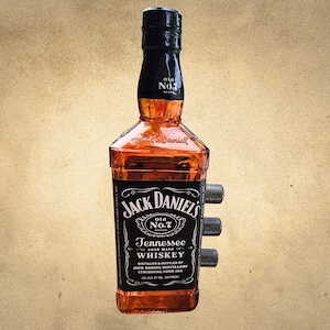 May include: A Jack Daniel's Tennessee Whiskey bottle with a black label and the text "Old No. 7". The bottle is amber-colored and has a black cap. Three metal knobs are attached to the side of the bottle.
