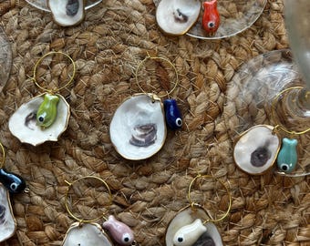 Oyster Wine Glass Charms Set of 6 Assorted colored Fish