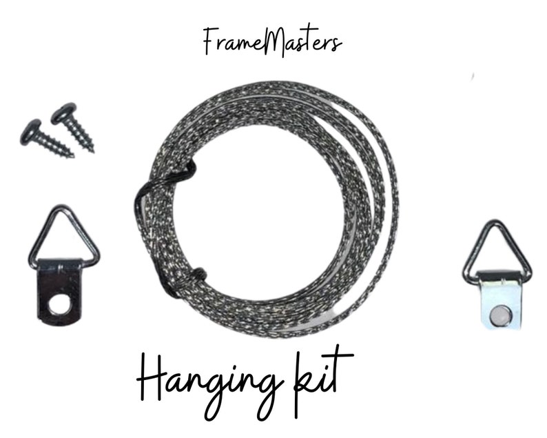 May include: A hanging kit for picture frames, including two D-rings, two screws, and a length of hanging wire. The kit is labeled "Frame Masters Hanging Kit".