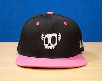 Monster Skull Hat | Black and Pink Snapback with White Skull