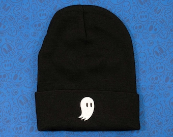 Ghost Beanie |  | Black Classic Cuffed Knit Cap with Embroidered Ghostie