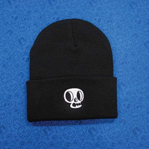 Black Beanie: Embroidered Skull Cuffed Knit Cap