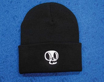 Skull Beanie | Black Classic Cuffed Knit Cap with Embroidered Skull