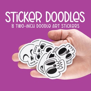 Skulls Sticker Doodles Sticker Pack / 8 pegatinas de calaveras para botellas de agua, computadoras portátiles, fundas de teléfonos, pegatinas de calaveras, paquete de pegatinas, espeluznante