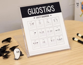Ghosties 2024 Desk Calendar | 2024 calendar, monthly calendar with stand, small desk calendar, office decor, ghost drawings, ghost art