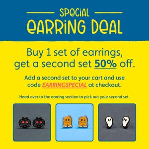 May include: Image promoting an earring deal. Text reads "SPECIAL EARRING DEAL" with an offer to buy one set of earrings and get a second set 50% off. Includes images of three earring styles: black pumpkins, orange monsters, and white ghosts.