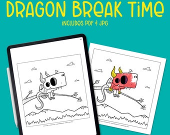 Dragon Coloring Page: Break Time Scene (PDF & JPG)