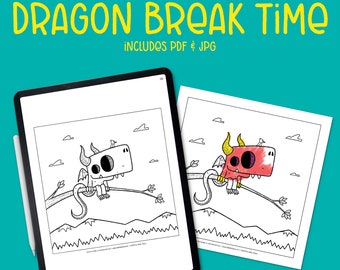 Dragon Break Time Downloadable Coloring Sheet, print and color, dragon coloring page, printable coloring sheet, fun coloring, downloadable