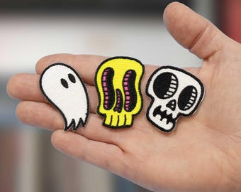 Small Ghost and Skulls Patch Set | Glow in the dark iron-on patches