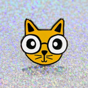 Cat with Glasses enamel pin, quirky cat pin, lapel pin, cats, pet, animal lovers, cute enamel pin for backpacks, bags, coats, lanyards image 1