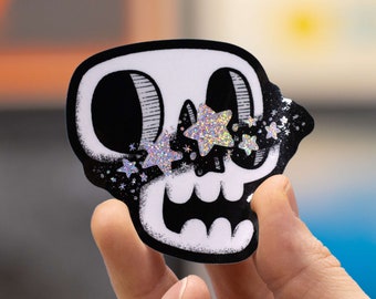 Existential Skull Glitter Sticker: Cosmic Halloween Decor