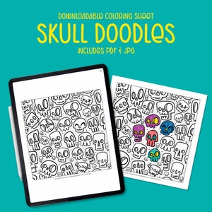 Skull Doodles Downloadable Coloring Sheet, print and color, skulls coloring page, printable coloring sheet, fun coloring, downloadable