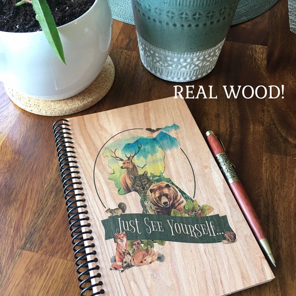 JW Gift. Wood Notebook!  Beautiful Western Red Cedar Veneer  "See Yourself-Man" Graphic