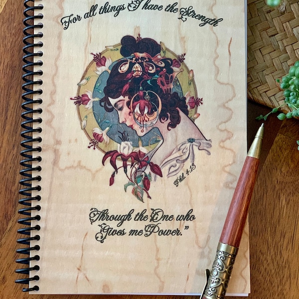 Wood Notebook!  Beautiful Curly Maple Wood Veneer Notebook! "Praying Woman: