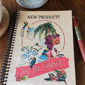 JW Gift. Beautiful Wood Veneer Notebook! &quot;See Yourself-Woman&quot; Graphic