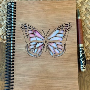 Wood Notebook, Cherry Wood is laser engraved with “Butterfly “