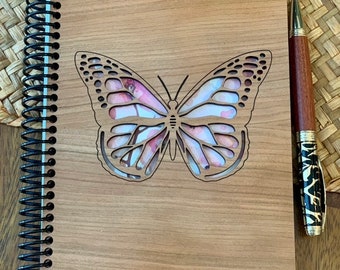 Wood Notebook, Cherry Wood is laser engraved with “Butterfly “