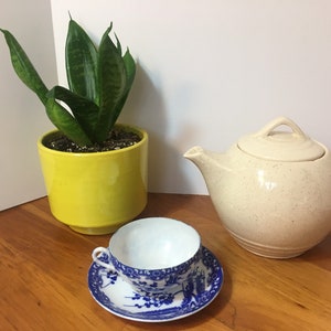 May include: A white teapot with a speckled glaze sits on a wooden table next to a yellow planter with a green snake plant. A blue and white teacup and saucer with a floral design are in front of the teapot.