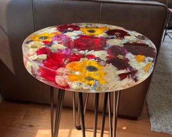 Custom Handmade Floral Table-DEPOSIT-Coffee Side Table Made with Your Flowers, Memorial Personalized Decor, Funeral, Preserved Flowers