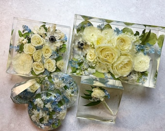 Recuerdo floral de resina personalizado: Conservación de flores para novias y conmemoraciones (DEPÓSITO)