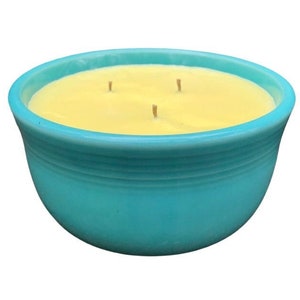 Citronella Lemongrass Soy Candles Handmade Upcycled Collectible Teal Pottery Bowl Three Organic Hemp Wicks Essential Oils USA Made
