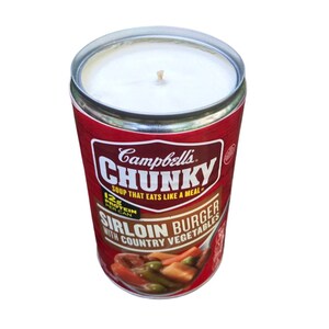 Can CANdle gag gift Campbell’s Sirloin Burger Recycled Can Soy Candles Handmade Funny Gift Organic Hemp Wick