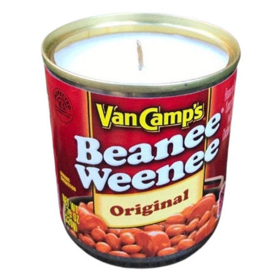 A real soy wax candle poured inside an actual Beanee Weenee can — upcycled, absurd, and somehow perfect for the dad or groomsman who thinks he's seen everything.